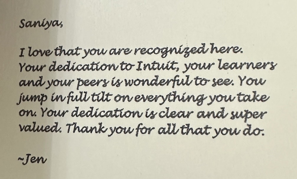 Honoured to receive L&amp;D award - The Wizard of Words from Intuit. Love pleasure collaborating with my global peers in the L&amp;D team. Thanks to Jennifer Jones for her recognition, appreciation, &amp; leadership on innovative solutions. #Poweringprosperity.