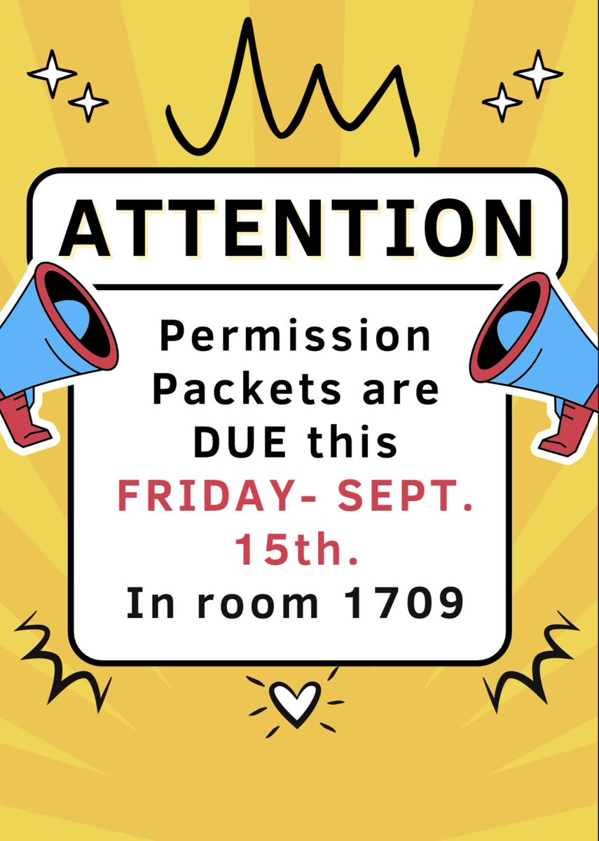 If you wish to become a member you NEED to get a permission packet from Ms. Poole’s room (1709) ASAP. They are DUE ON FRIDAY, SEPT. 15th. Hurry 🏃‍♀️
