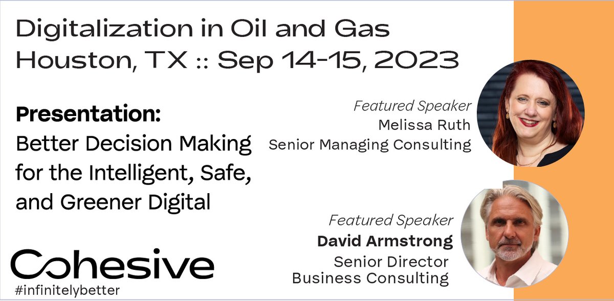 _cohesive's tweet image. Join David Armstrong and Melissa Ruth today at 2:00 pm for their presentation at Digitalization in Oil and Gas, Houston:
Better Decision Making for the Intelligent, Safe, and Greener Digital Refinery 
 #ecn #DigiOil23 #OilandGas #InfinitelyBetter #DigitalTwin ♾️