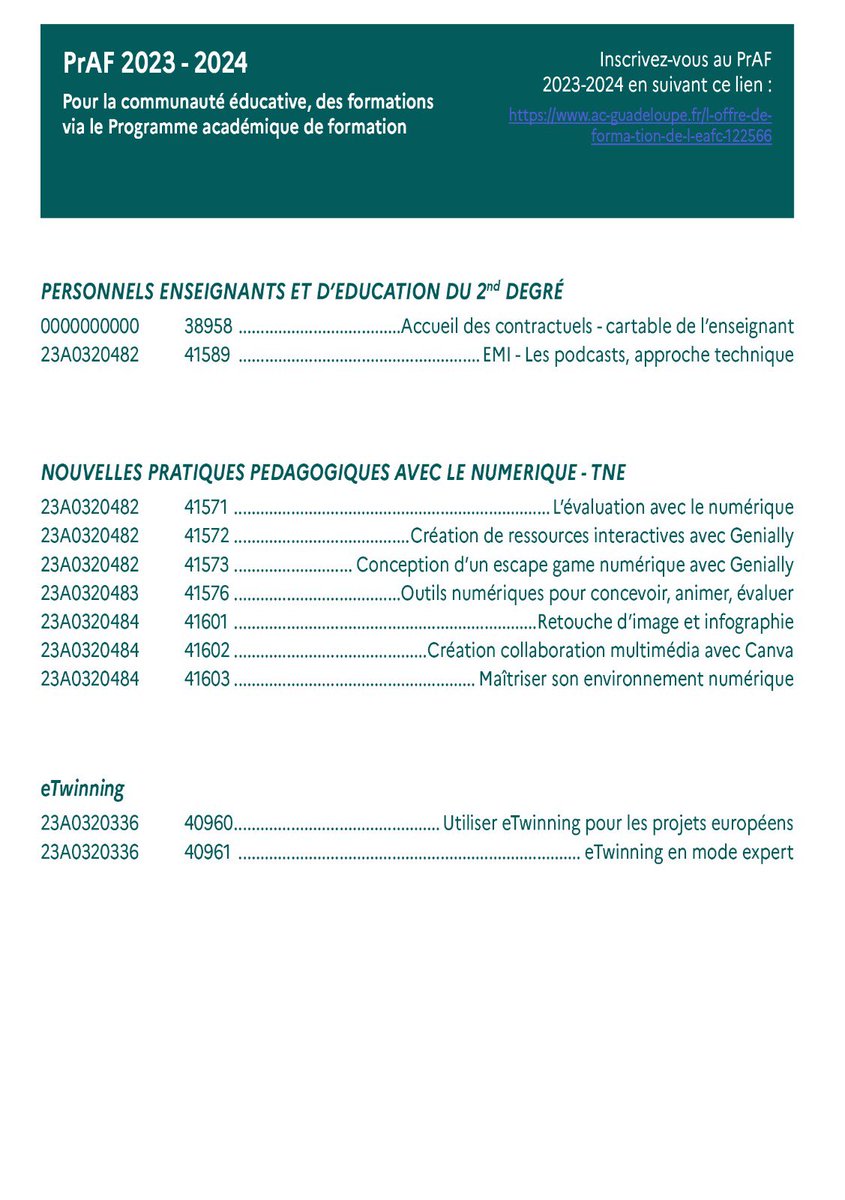 📣 PrAF 2023-2024📣

🥳 Découvrez nos offres de formations proposées dans le  PrAF 2023 2024 🥳

Abonnez-vous aux formations de votre choix : 

👉 ac-guadeloupe.fr/l-acces-a-l-of… 

⚠️Fin des abonnements :  17/09