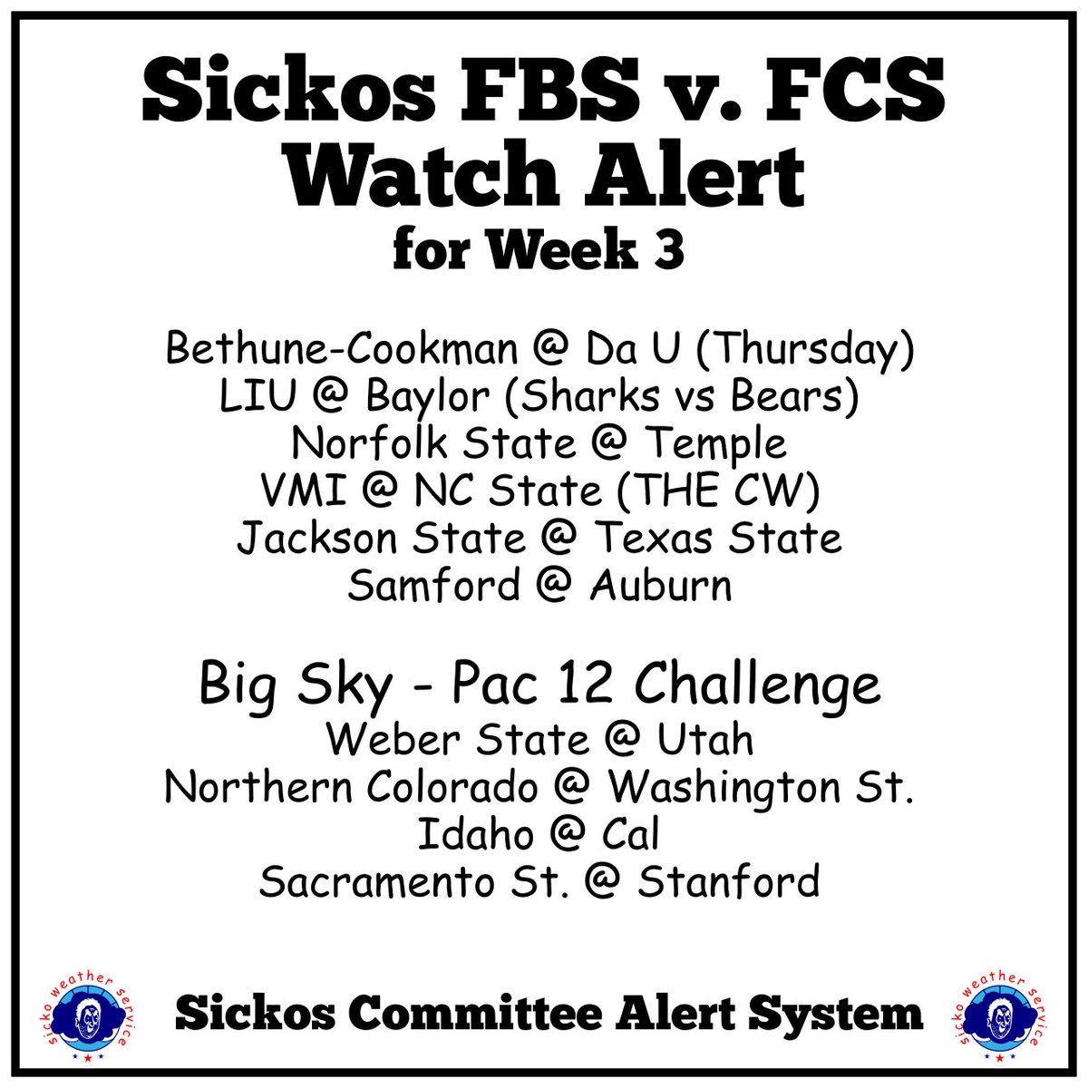 Here at the Sickos Committee we don’t rank FBS vs FCS games in our weekly game watch lists but we just wanted to highlight a few games we found a little interesting this week including: 

BIG SKY 🆚 PAC-12 CHALLENGE