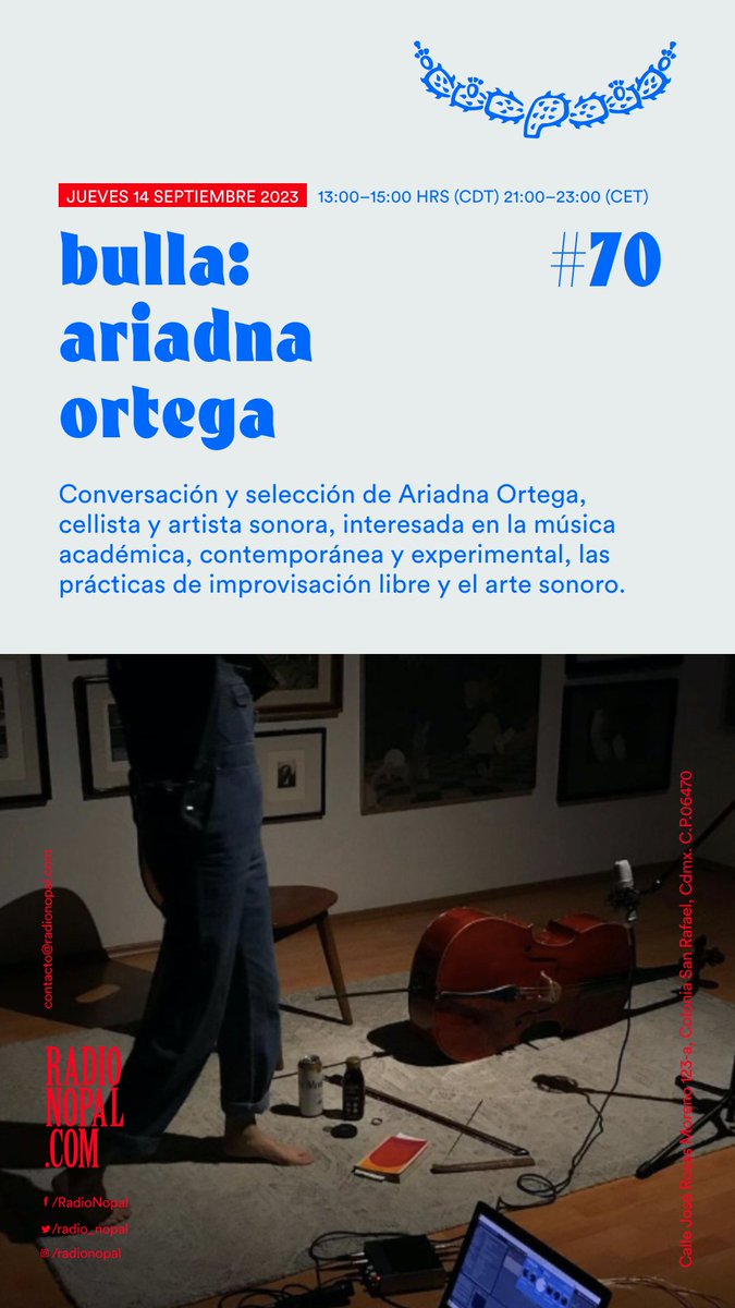 Hoy hacemos #bullaradio con Ariadna Ortega cellista 🎻 y artista sonora interesada en la música académica, contemporánea, #experimental, la #improvisaciónlibre y los ensambles. Hacemos una conexión Manitoba CAN (14h), Texas USA (14h) y CDMX México (13h) x radionopal.com