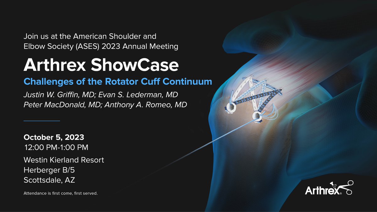 ArthrexMedEd's tweet photo. #Arthrex will be at #ASES2023. Join us on Thursday, October 5, for our workshop, Arthrex ShowCase: Challenges of the Rotator Cuff Continuum. Faculty will discuss disease severity, how to determine the best treatment options, and considerations in primary repair, revision surgery, using biologics, and definitive reconstructive treatment.
Add the event to your calendar: https://t.co/pwJJISrZFn
#MedicalEducation #Orthopedics #Shoulder #RotatorCuff