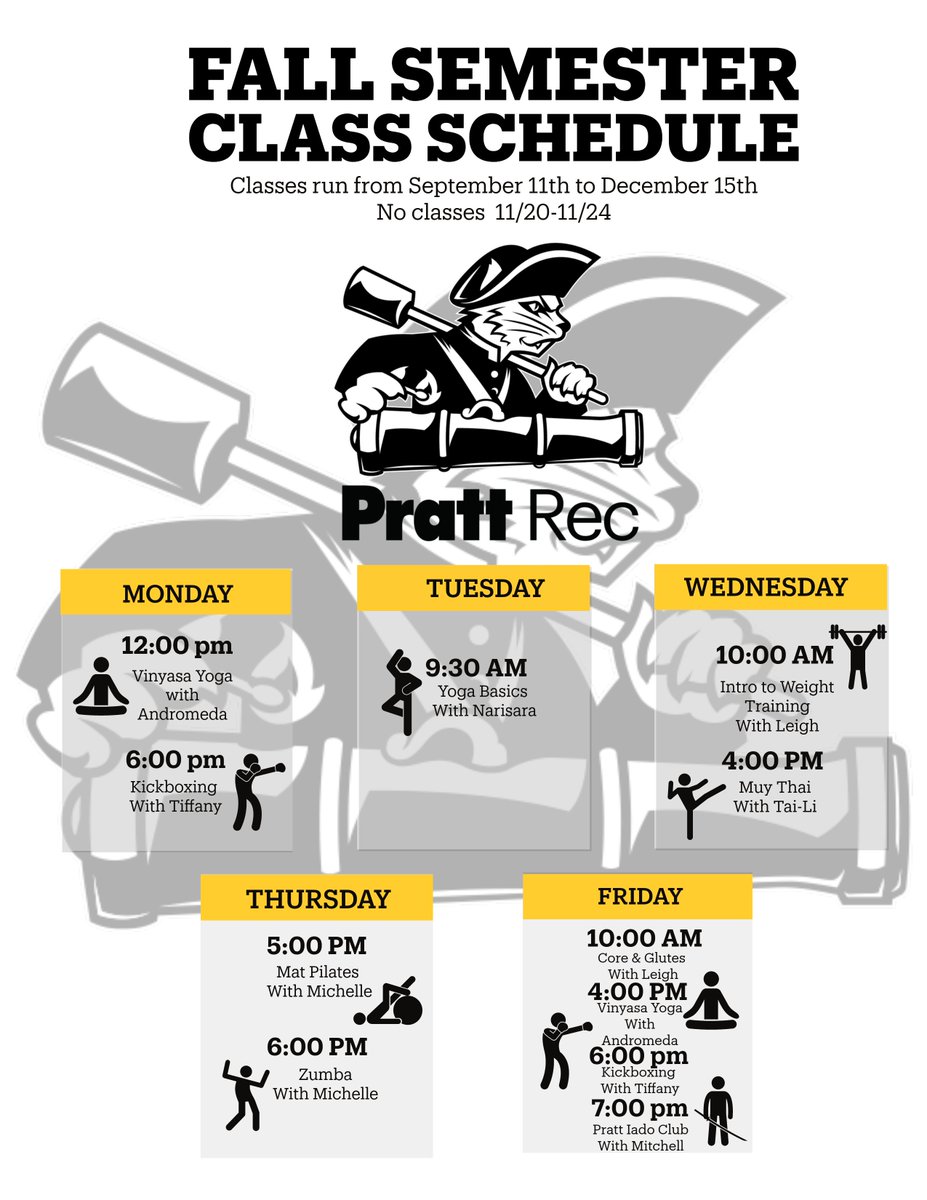 PrattRecWell's tweet photo. These are our fitness classes for the semester!!! Hope  to see you there!!! https://t.co/QTtJjj44XO