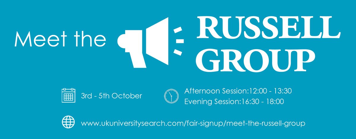 We are excited to announce our next Russell Group Webinars taking place on October 3rd, 4th & 5th. This will be a fantastic opportunity for students thinking of attending a Russell Group university, and for teachers and parents to join too. Sign up here ukuniversitysearch.com/fair-signup/me…