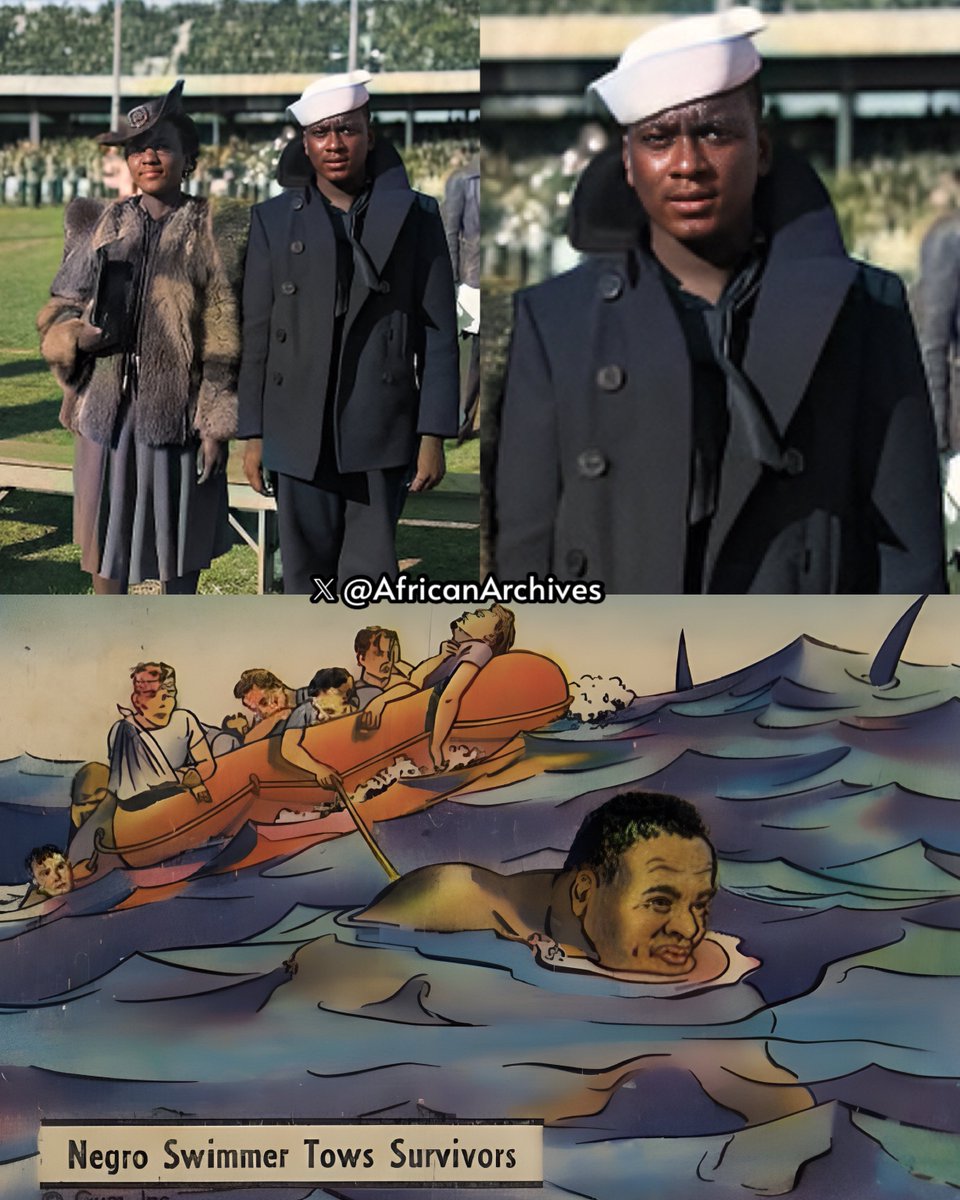 In 1942, US Navy Messman Charles Jackson French successfully swam through the night for 6-8 hours pulling a raft of 15 wounded soldiers w a rope round his waist in shark infested waters. He was the first black swimmer to receive the Navy medal of heroism in 1943.

—On September