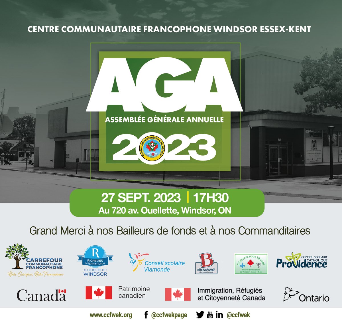 #CcfwekAGA2023 
l'Assemblée Générale Annuelle du <a href="/CCFWEK/">CCFWEK WINDSOR</a> , ce 27 Septembre 2023 à 17 heures au Carrefour communautaire francophone, 720 avenue Ouellette, à Windsor, Ontario.