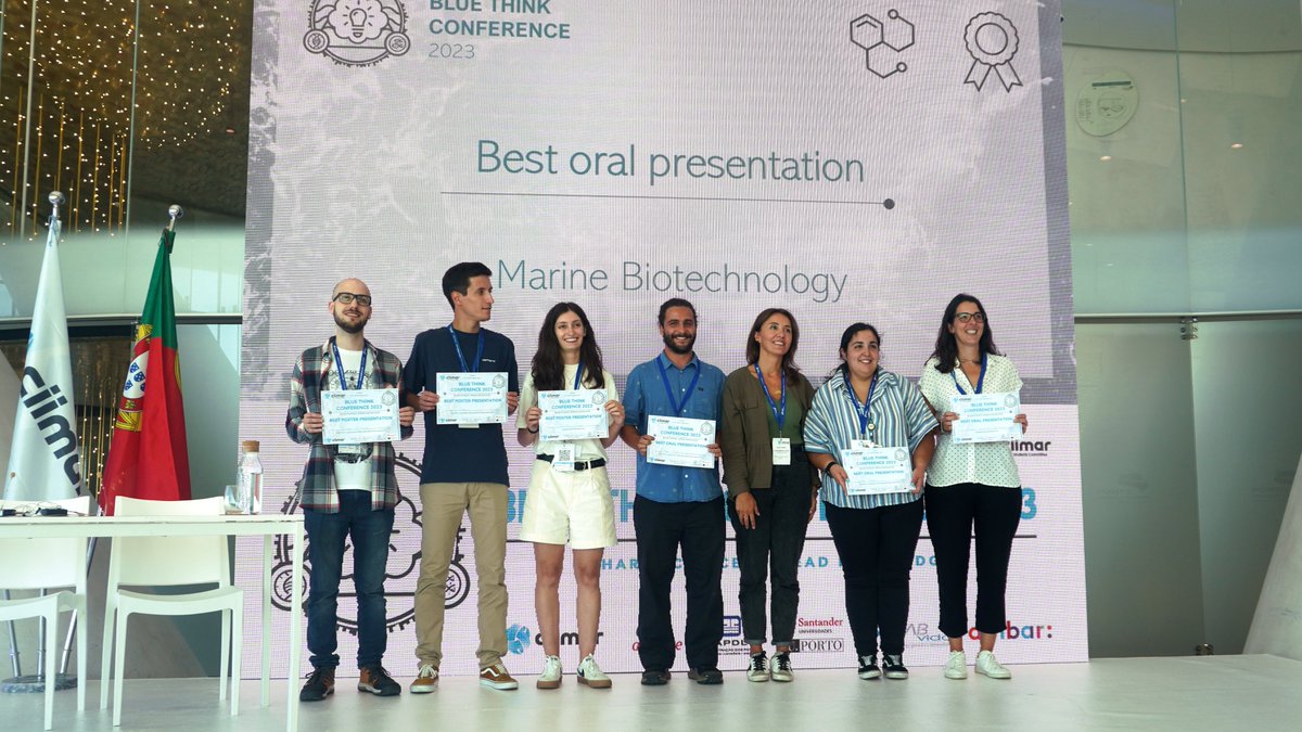 At the Blue Think Conference 2023 held yesterday at
<a href="/CiimarUp/">CIIMAR</a>,  we celebrated the talent of our students.

 Diogo Oliveira, Nádia Silva, and Marco Sousa were awarded "Best Poster"; Marlene Pinheiro, Raquel Castelo Branco, and Jorge Cardoso won "Best Presentation".