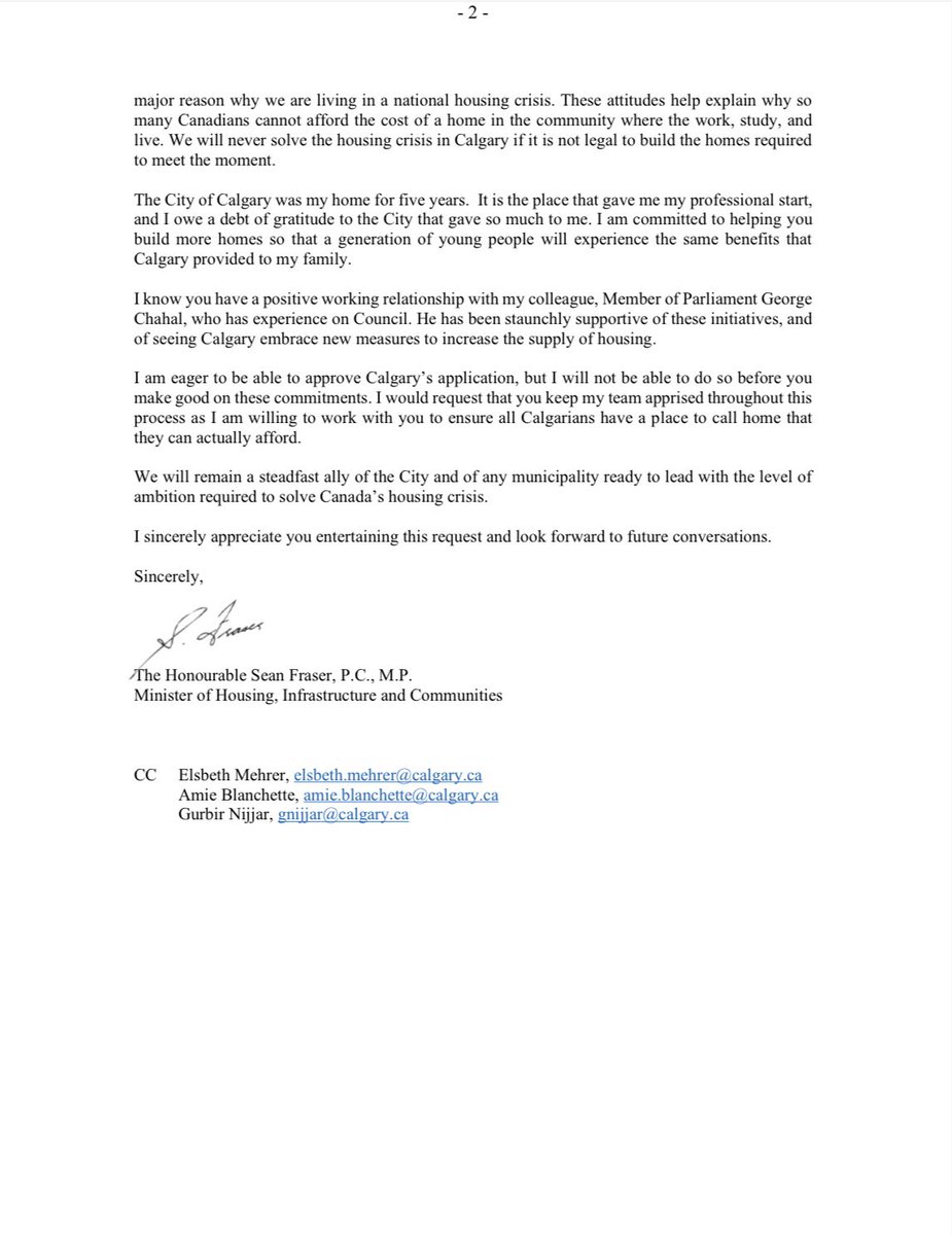 As we start deliberations on how we best address Calgary’s housing crisis, #yyccc has just received this letter of support from the federal minister of housing <a href="/SeanFraserMP/">Sean Fraser</a> - we will jeopardize or lose federal funding if we do not approve the full strategy. We must act now.