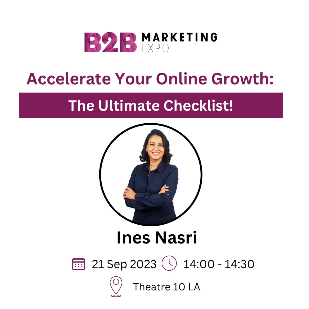 WebpowerU's tweet photo. CEO Ines Nasri is taking the stage at @b2bexpocali, LA, on Sep 21, 2023, 2:00 PM.
Explore "Unlocking Rapid Online Expansion: The Definitive Checklist." Let's master online growth together! Join us: https://t.co/wMNyKyKLyS
Don't miss it! #B2BMarketingExpo #OnlineGrowth https://t.co/GYe2jSKrE6