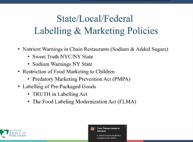 Dr. DeAnna Nara, Senior Policy Associate, Center for Science in the Public Interest shares bills passed and bills being introduced to address the dangers of devisive food labeling and marketing. #BHRFoodSummit