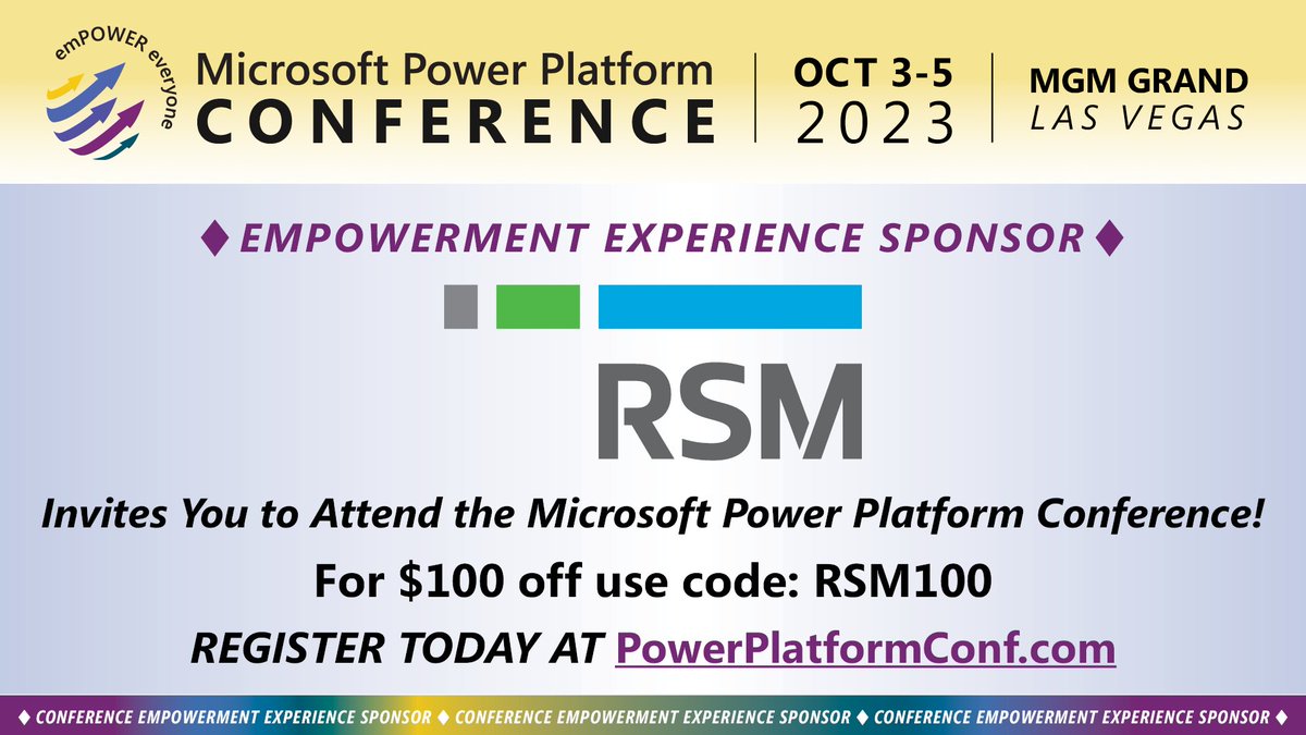 Big shoutout to RSM for being our Experience sponsor at the Microsoft Power Platform conference in Las Vegas! Catch them at booth #201 in the expo hall and join the fun at the Grand Garden Arena for our attendee party. Don't forget to strike a pose at their photobooth! 📸 #MPPC23