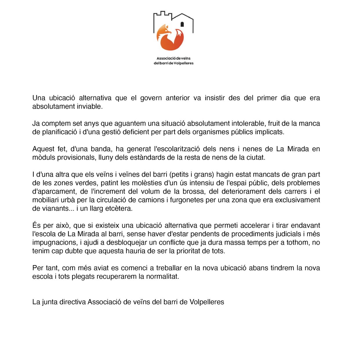 📢 COMUNICAT DE L’ASSOCIACIÓ DE VEÏNS DEL BARRI DE #VOLPELLERES EN RELACIÓ A LA UBICACIÓ ALTERNATIVA PER A L’ESCOLA LA MIRADA