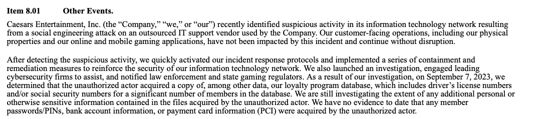 ThreatHunter_AI's tweet photo. BREAKING: Caesars Entertainment hit by a social engineering attack "..resulting from a social engineering attack on an outsourced IT support vendor"
#caesars #mgm #lasvegas #ransomware #cyber #slotsOfun https://t.co/zv7jDbKOWv