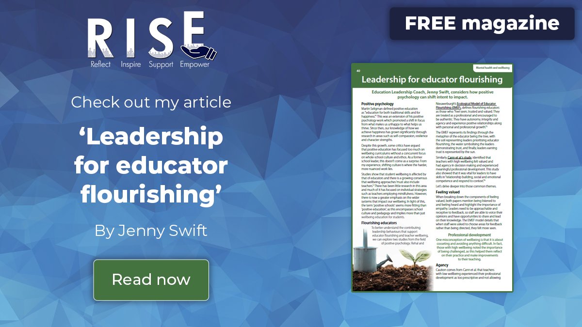 Excited to have an article published in R.I.S.E exploring research from positive psychology and how it can help inform school leadership.

There is a great range of really interesting articles in the magazine👇

Grab a brew!

netsupportsoftware.com/rise-magazine/
#RISEEduMag @ReallyschoolK