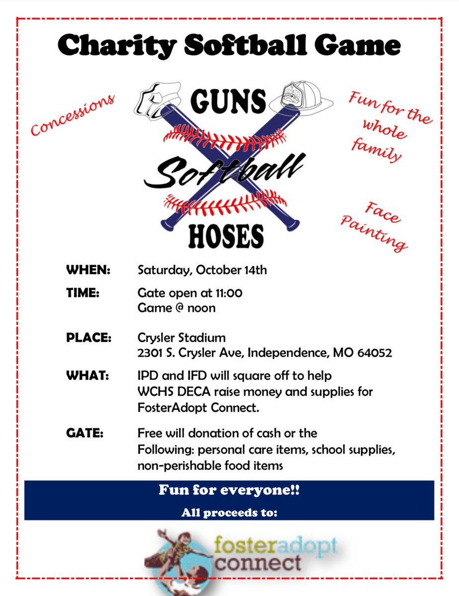 October 14th, 2023!

Join us for Guns and Hoses Softball at Chrysler Stadium

Proceeds benefit Foster Adopt Connect