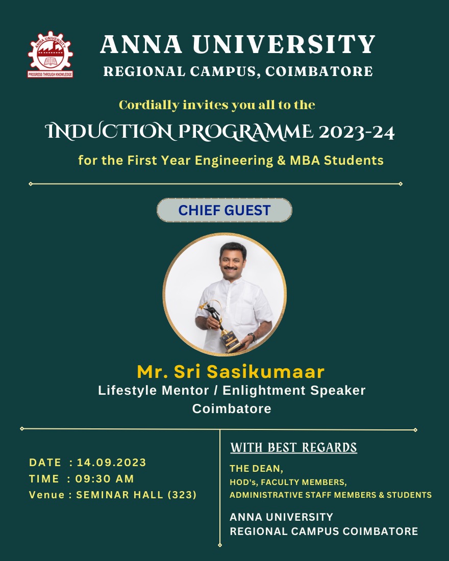 AnnaRegional's tweet photo. Anna University Regional Campus Coimbatore, is extremely happy to welcome our Chief Guest, Mr. Sri Sasikumar,Lifestyle Mentor and Enlightenment Speaker, Coimbatore,for the Induction Programme of the batch 2023-2027.
~
#annauniversity #coimbatore #freshersday #induction #aurcc https://t.co/109tGRLMWj
