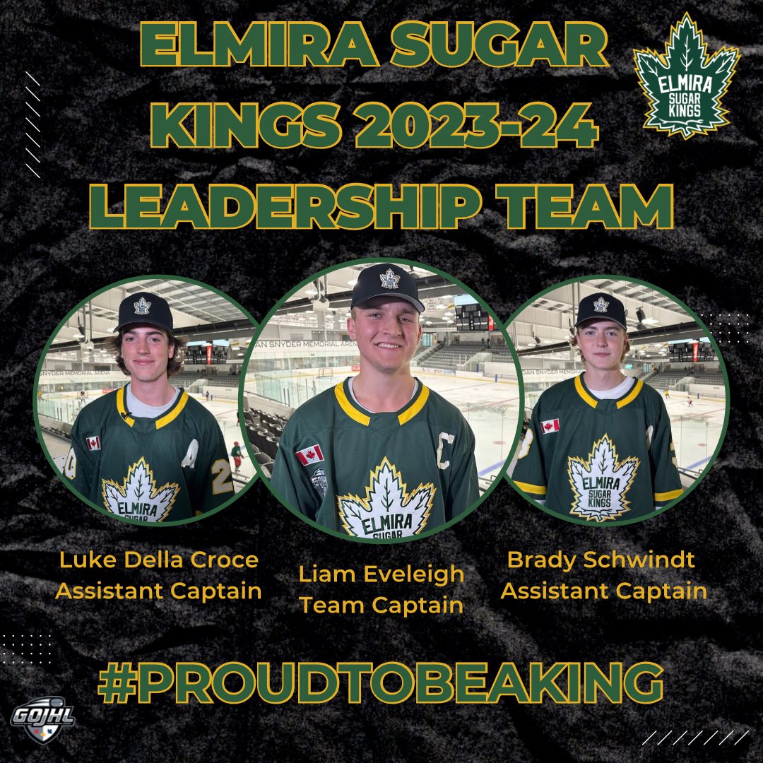 We got a C and two A’s! The Elmira Sugar Kings are proud to share this years leadership team. Liam Eveleigh (C) Luke Della Croce (A) &amp; Brady Schwindt (A). 

#elmirasugarkings #proudtobeaking