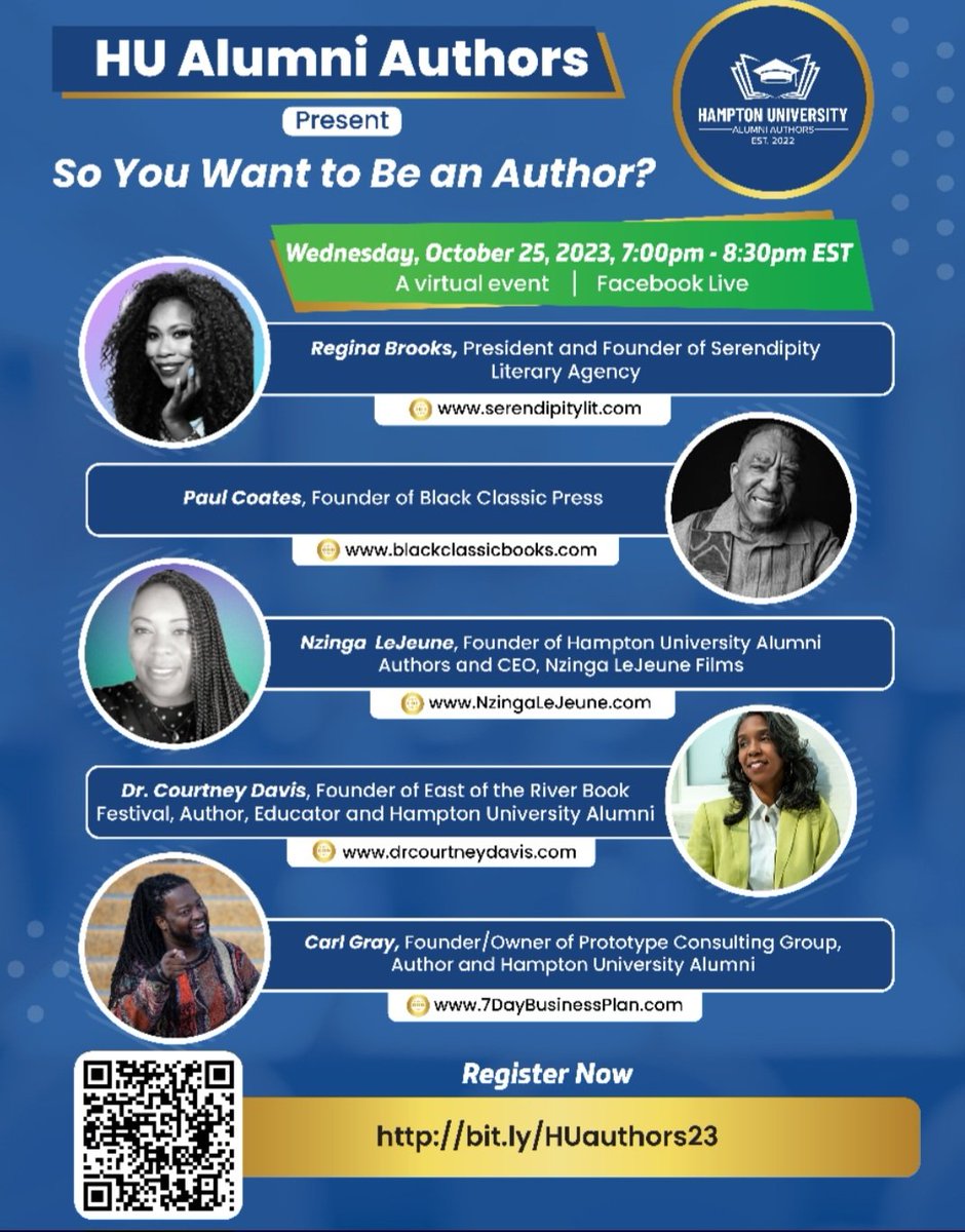 💙🤍 ⚓️ We are going fb live! Join our HU Alumni Authors Homecoming week virtual event as we build with the best literary agent Regina Brooks @serendipitylit , publisher Paul Coats, authors Dr. Courtney Davis, and Carl Gray!📚 

Please register and share!

us02web.zoom.us/meeting/regist…