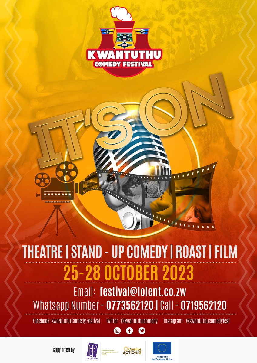 kwantuthucomedy's tweet photo. This year our programme is as follows;

25 October - Theatre Night 
26 October - Byo vs Hre Comedy Show 
27 October - Short Films Screening 
28 October - Roast of Zimbabwe 

#ItsOn https://t.co/DiIigworrO