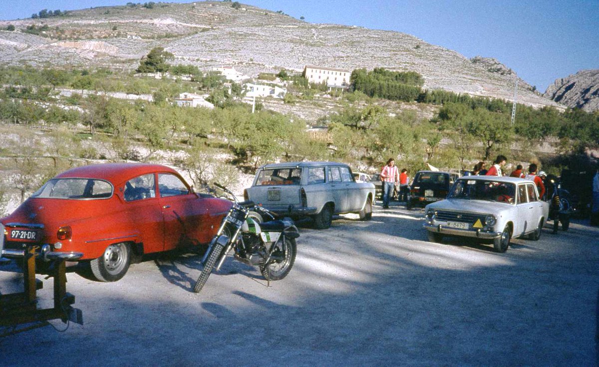 nieuwenhui2's tweet photo. Got some more old slides digitised and came across this one of my old #Saab 96 acting as a service barge for my mate's Ossa trials bike (next to it) in Spain in 1976. https://t.co/LetBVZJzoP