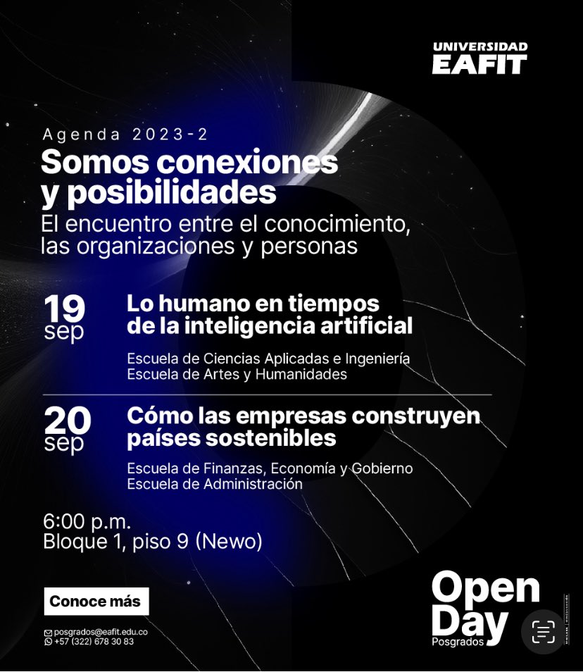 Invitación! Vengan a conocer la formación de Posgrados que tiene <a href="/EAFIT/">Universidad EAFIT</a>  en ciencias aplicadas e Ingeniería, incluidas la Biociencias, claves para un futuro sostenible. Link de inscripción:  lnkd.in/eKNiSbcV