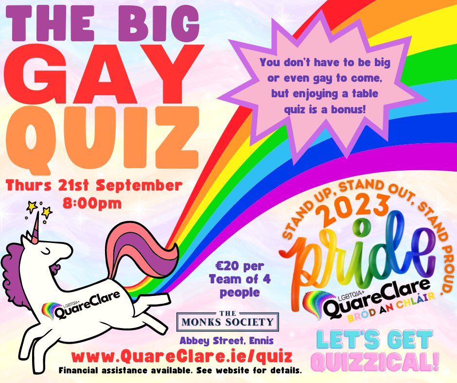 QuareClareLGBTQ's tweet photo. THE BIG GAY QUIZ IS JUST ONE WEEK AWAY!!! BOOK YOUR TABLE NOW! Let's Get Quizzical... bring your knowledge to The BIG Gay Quiz at The Monk's Society for Clare Pride Week on Thursday 21st of September at 8pm. #QuareClare #ClarePride #LGBTQIA https://t.co/EymsJtZjhW