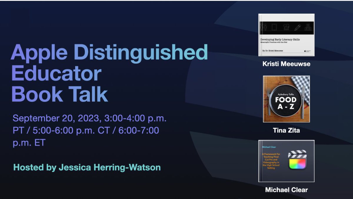 Tune in Wednesday, Sept 20th to hear more about my book as well as Kristi's and Tina's amazing books at the Apple Distinguished Educator Book Talk. Hosted by Jessica Herring-Watson.  Click on the link to learn more #ADE2023
education.apple.com/en/story/25001…