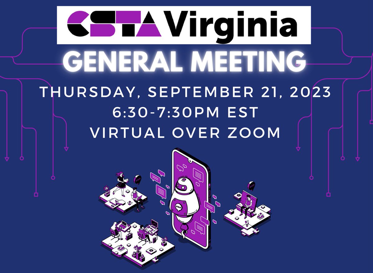 Only one week to go! Mark your calendars for the first <a href="/CSTAVirginia/">CSTA Virginia</a> meeting of the school year on Sept 21st at 6:30 PM! Delving into AI, equity in CS education, and more in a virtual EdCamp-style environment. Register here: virginia.csteachers.org/events/csta-co…  #CSforAll  #CSTAVirginia