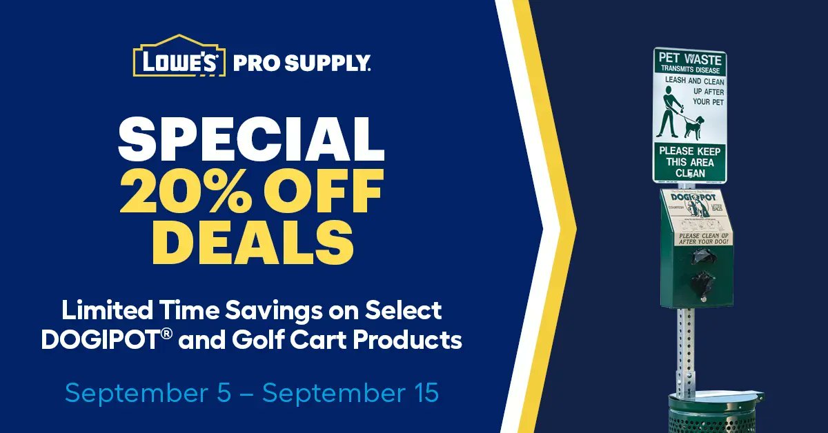 LowesProSupply's tweet photo. From September 5 until September 15, get limited time special deals on select DOGIPOT® products and golf cart parts and accessories. These deals are too good to miss — visit https://t.co/nSy6I8hAKv
#GolfCartParts
#Dogipot
#WeSupplyThePros
#LowesProSupply https://t.co/Wfa91p27af