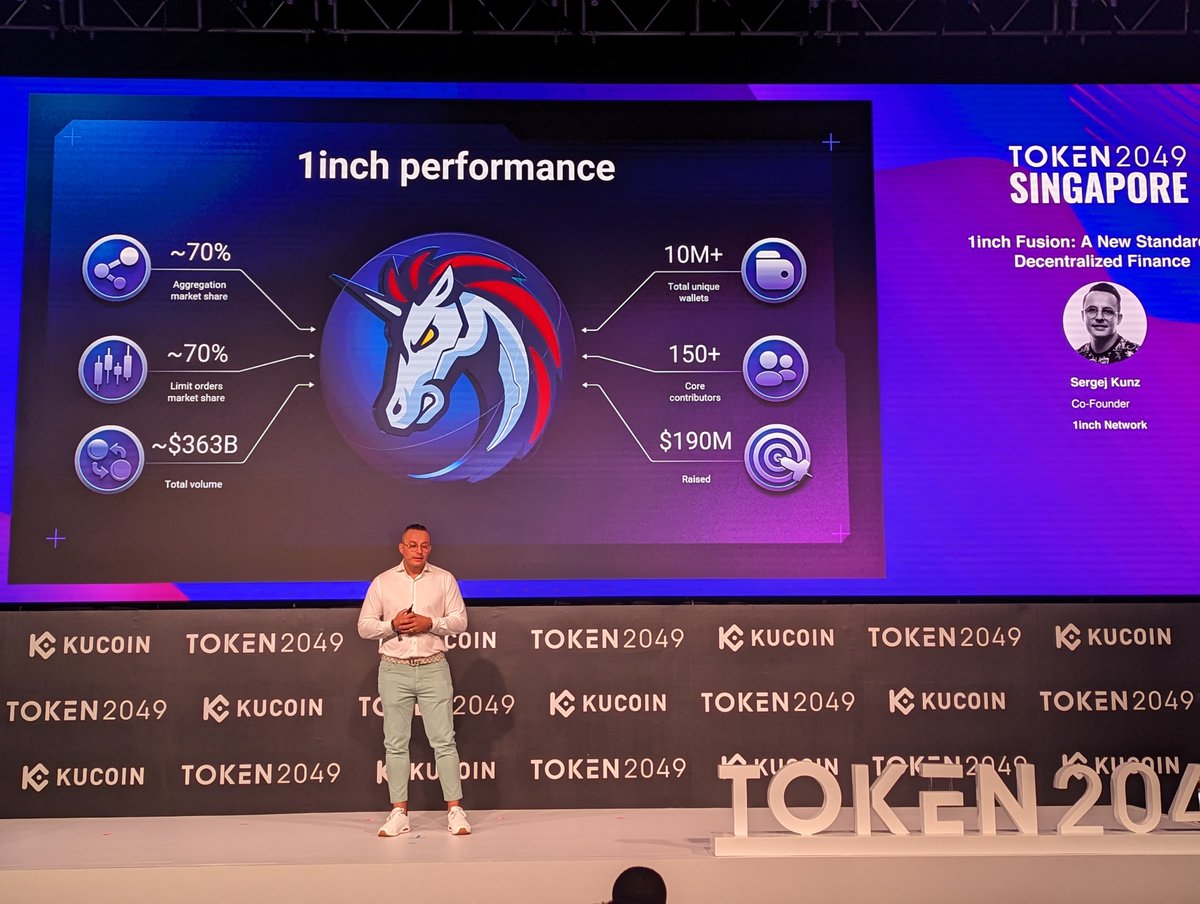 1inch's tweet image. 📸 Here come some captivating moments from @token2049, where @deacix delivered the enlightening keynote &quot;1inch Fusion: A new standard for Decentralised Finance.&quot;

🌐🚀 Don&apos;t miss these snapshots featuring the future of #DeFi!

#Token2049 #FusionMode #1inch