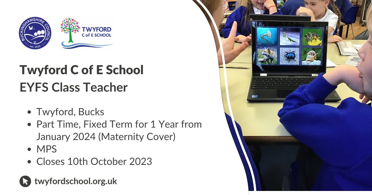 Twyford C of E School seeks a teacher to join their motivated team. This post is part-time (Monday – Wednesday) on a fixed-term contract from January 2024 for one year. Apply here: jobs.buckinghamshire.gov.uk/job_detail/290… 

#EYFSTeacher #TeachBucks #JobsinSchools