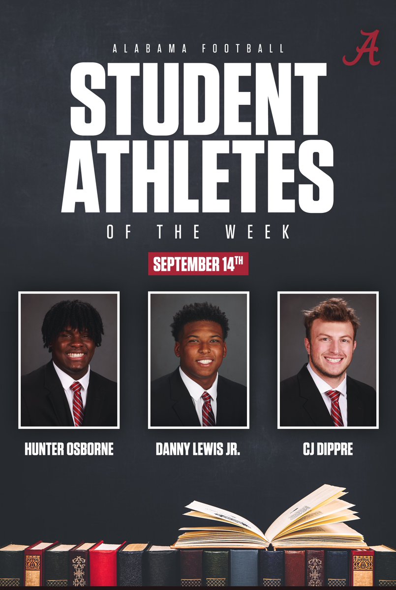 Alabama Football (@alabamaftbl) on Twitter photo Student-Athletes of the Week! 📚🎓
<a href="/hunterrosborne/">Hunter Osborne</a> 
<a href="/DannyLewis2022/">Danny Lewis Jr.</a> 
<a href="/CjDippre/">CJ Dippre</a> 
#RollTide Student-Athletes of the Week! 📚🎓
<a href="/hunterrosborne/">Hunter Osborne</a> 
<a href="/DannyLewis2022/">Danny Lewis Jr.</a> 
<a href="/CjDippre/">CJ Dippre</a> 
#RollTide