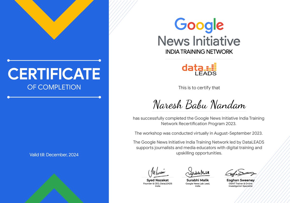 Successfully #recertified as the trainer on #DigitalVerification and #FactChecking tools, by @GoogleNewsInit and @data_LEADS.
Learned, unlearned many but armed with #tools n #techniques to fight against #misinformation.

Thank you, @SyedNazakat @buileshuibhne and team @data_LEADS