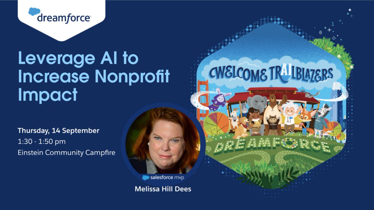 Planning your final day at @dreamforce ? Join me after lunch for 7 ways you can leverage AI to increase nonprofit impact. Plus I want to hear your ideas, concerns, and goals for AI. See you there!