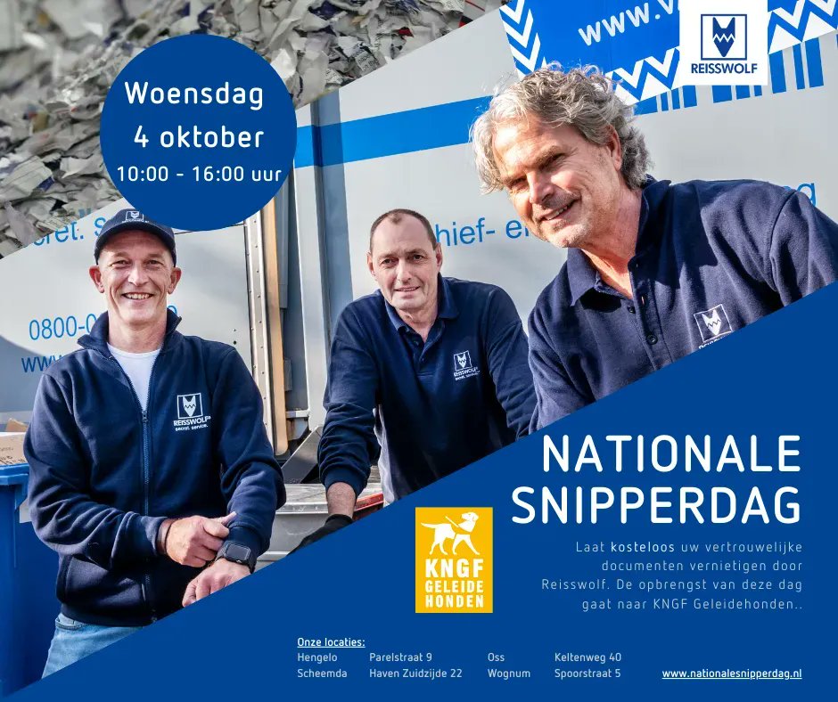 Woensdag 4 oktober kunt u kosteloos uw papieren archief komen brengen tussen 10:00-16:00 uur, die wij vervolgens op een vertrouwelijke manier zullen vernietigen. De opbrengst van die dag zal worden gedoneerd aan KNGFGeleidehonden.
