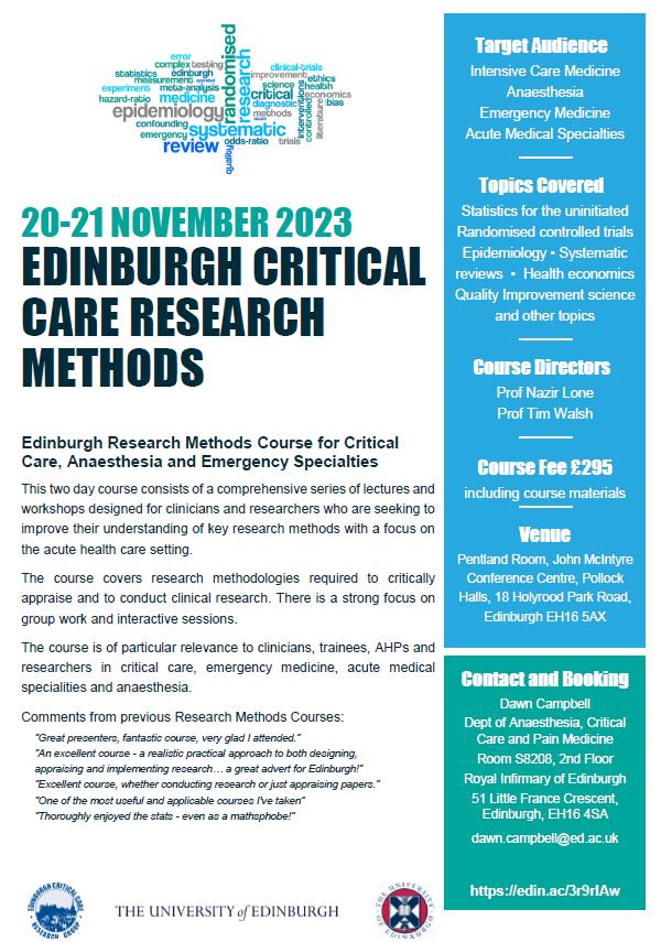 Back for another year - come and join us in Edinburgh for an action packed, fun-filled two days learning about all things research! An expert faculty of world-leading researchers. @Ed_TimWalsh @msh_manu @kennethbaillie @Griffith_DM @abdocherty79 edin.ac/3r9rIAw