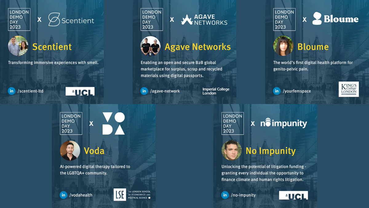 InnovateKings's tweet photo. Next up at #LondonDemoDay2023 ⬇️
👉 No Impunity (@UCL, @UCLEnterprise, @_no_impunity)
👉 Voda (@LSEnews, @LSEGenerate, @joinvoda)
👉 Agave (@Imperial, @ICEnterpriseLab)
👉 Bloume Health(@KingsCollegeLon, @femspace_)
👉 Scentient (@UCL, @UCLEnterprise)
#LDD23 https://t.co/KVzP395bMx