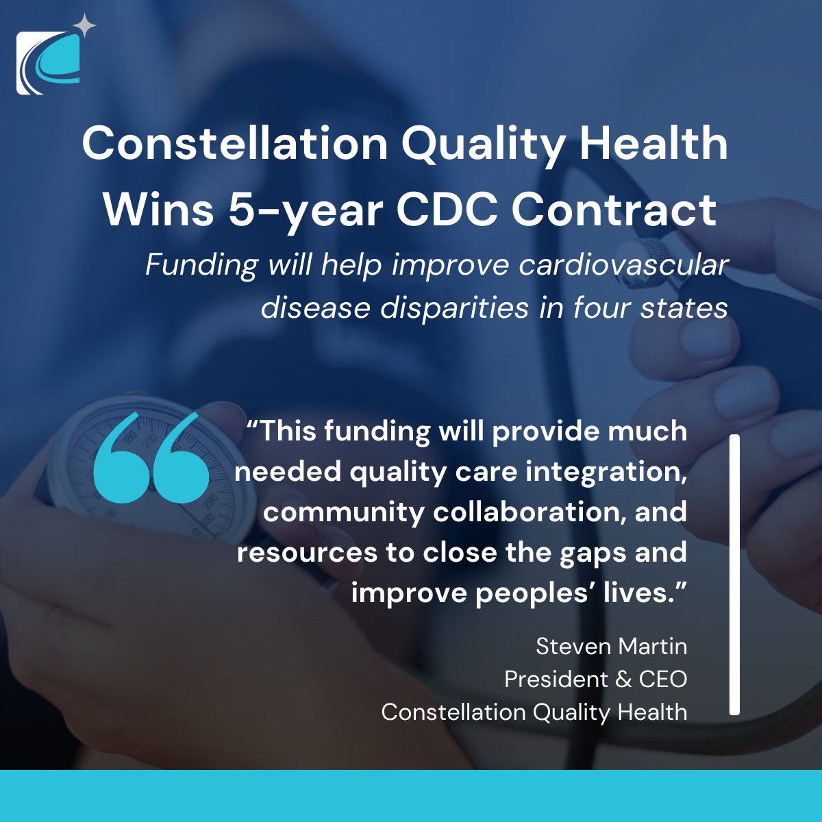 ConstellationQH's tweet photo. Pleased to announce Constellation Quality Health has been awarded a 5-year contract w/the @CDCgov to fund The Innovative Cardiovascular Health Program to improve cardiovascular disease disparities in NC, SC, GA, FL. https://t.co/nIBi1pApQc
#constellationqualityhealth #healthcare https://t.co/I8Wa8PyoAt