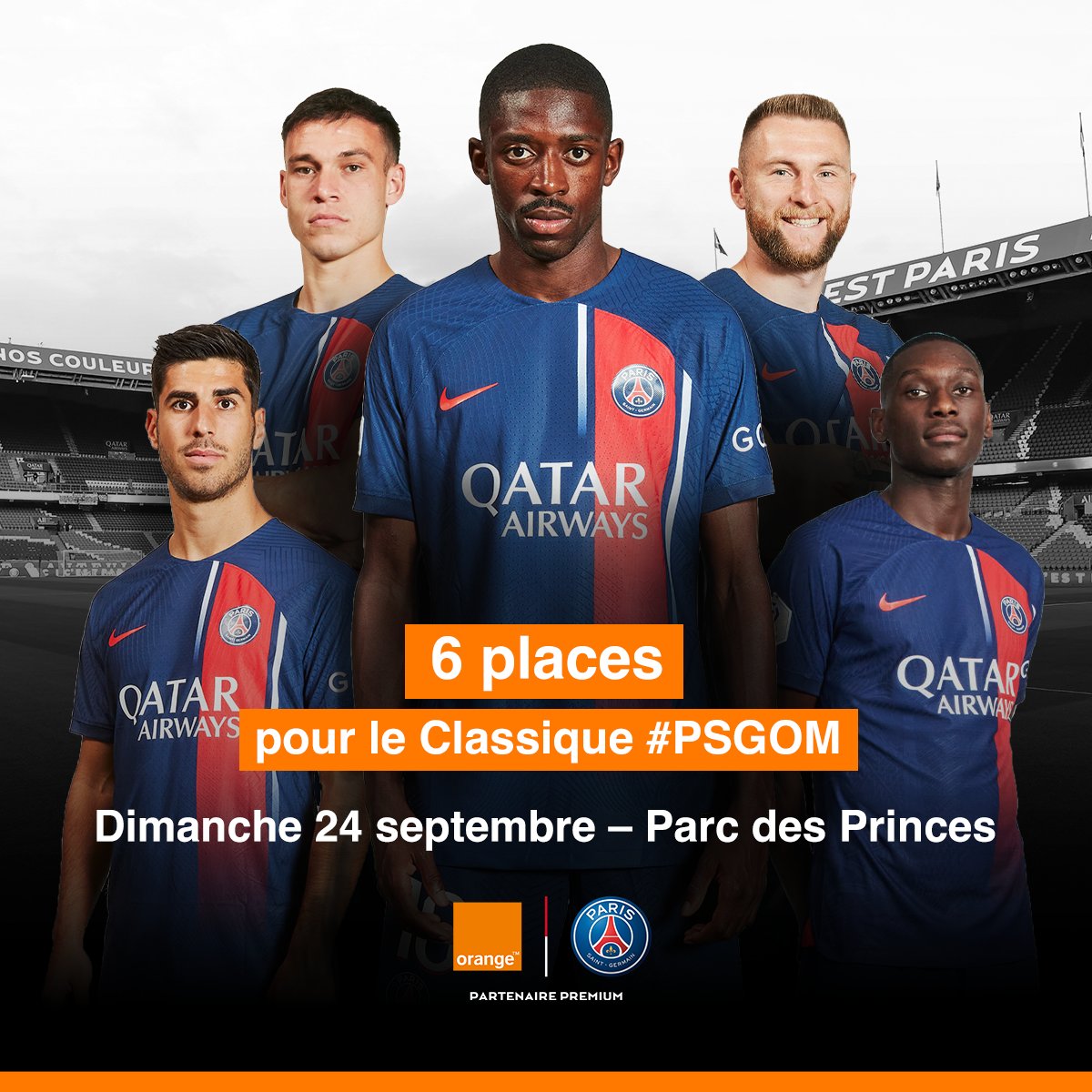 🤜 #𝗣𝗦𝗚𝗢𝗠 🤛

6️⃣ places pour le Classique #PSGOM à gagner grâce à Orange.
 
🔄 Retweet cette publication
👉 Follow le compte <a href="/TeamOrangeFoot/">Team Orange Football</a> 
💬 Mentionne le membre du #TeamOrange qui a signé cet été au <a href="/PSG_inside/">Paris Saint-Germain</a> (un indice, il est sur la photo😜)