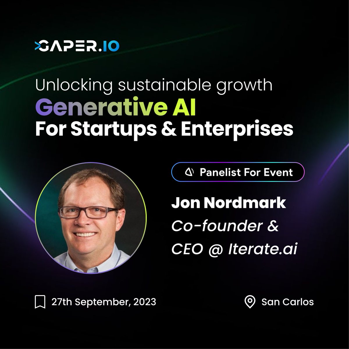 Excited to announce <a href="/Jon_Nordmark/">Jon_Nordmark</a> as a panelist for our San Carlos AI event on 9/27! Jon is the CEO &amp; co-founder at <a href="/IterateAI/">iterate.ai</a> which develops AI-powered low-code software &amp; ecosystems to accelerate innovation projects in large enterprises. Registration: lnkd.in/dafK7NsH