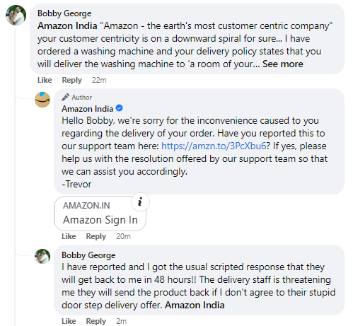 bobigeorge's tweet photo. @amazonIN Amazon, once known for customer centricity, disappoints! Ordered a washing machine with 'room of choice' delivery, but rude delivery staff insists on doorstep drop-off. 🙄 How am I supposed to move this heavy machine now? 🤷‍♂️ #CustomerServiceFail https://t.co/L8QKLbWduM