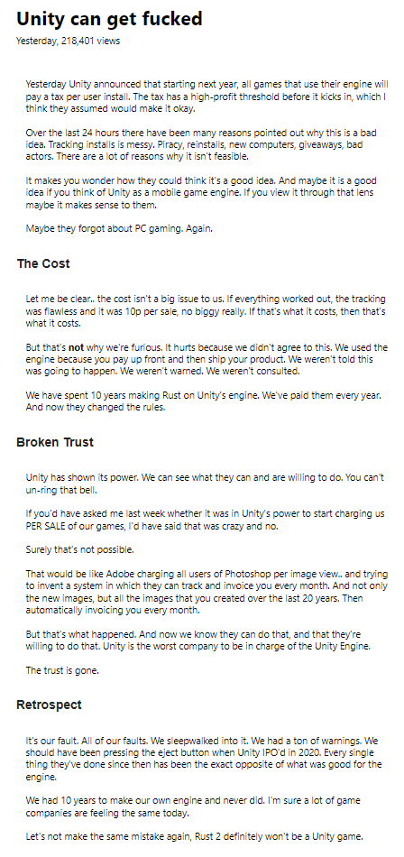 _DOOMSDAYLAMA's tweet image. Unity afirma que cobrará a los studios desarrolladores por cada descarga, (FACEPUNCH) el studio de
@playrust, @garrynewman CEO de facepunch se pronuncia confirmando asi un #Rust2