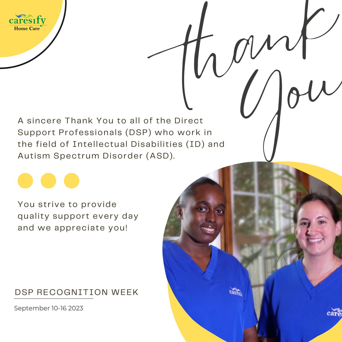 Caresify's tweet photo. In a heartfelt tribute to the backbone of the healthcare sector, Caresify Home Care dedicates this week, September 10-16, 2023, to honor the hardworking and compassionate Direct Support Professionals (DSPs) during the annual DSP Recognition Week. 

We encourage communities nationwide to join hands in celebrating the irreplaceable contributions of these professionals in enhancing the lives of individuals with disabilities.

These heroes, who tirelessly work behind the scenes, offer a lifeline of support, understanding, and love, making a substantial difference in the lives of those they assist. Their role is not just confined to assistance; they are confidants, advocates, and often form bonds that stand as a testament to human kindness and resilience. https://t.co/ckBoc2QSKu