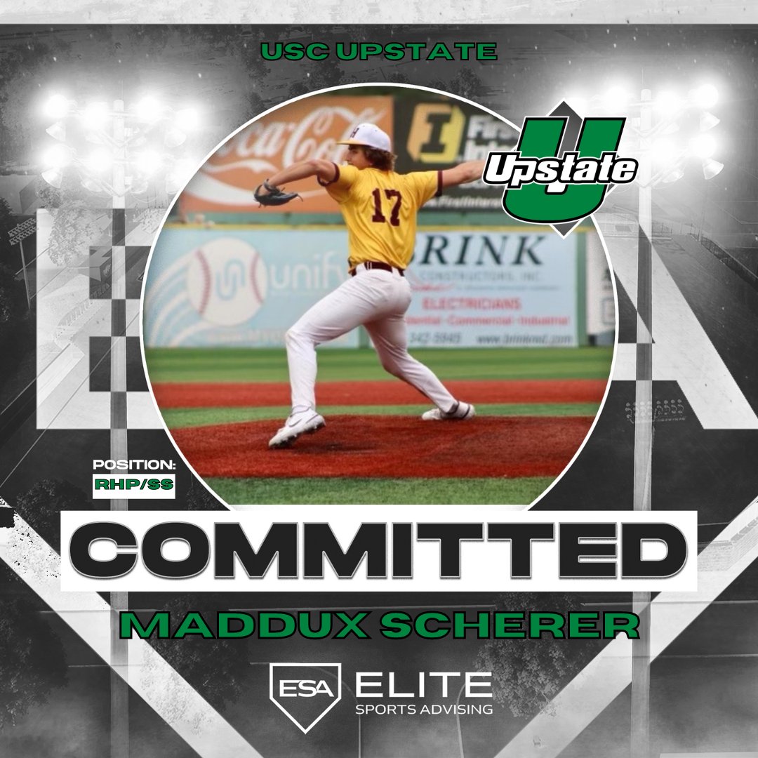 Elite Sports Advising (@elitesportsadv) on Twitter photo The South Dakota kid is headed to South Carolina!
Congrats to '24 RHP/SS <a href="/maddux_scherer/">Maddux Scherer</a> on his commitment to play for the <a href="/UpstateBSB/">USC Upstate Baseball</a> Spartans!
Big things to come for this kid!
<a href="/JeremyMusilESA/">Jeremy Musil</a> | <a href="/JConBo/">Jacob Condra-Bogan</a> | #EliteSportsAdvising The South Dakota kid is headed to South Carolina!
Congrats to '24 RHP/SS <a href="/maddux_scherer/">Maddux Scherer</a> on his commitment to play for the <a href="/UpstateBSB/">USC Upstate Baseball</a> Spartans!
Big things to come for this kid!
<a href="/JeremyMusilESA/">Jeremy Musil</a> | <a href="/JConBo/">Jacob Condra-Bogan</a> | #EliteSportsAdvising