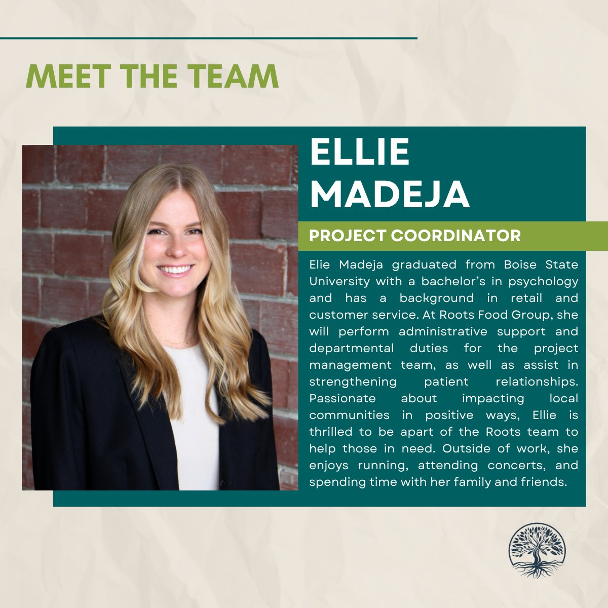 RootsFoodGroup's tweet photo. We are excited to welcome Ellie Madeja to Roots Food Group as Project Coordinator! Her knowledge and expertise are invaluable, and we are grateful to have her as a part of the growing Roots Family.  #GrowingRoots #meettheteam https://t.co/ng8djHwNE3