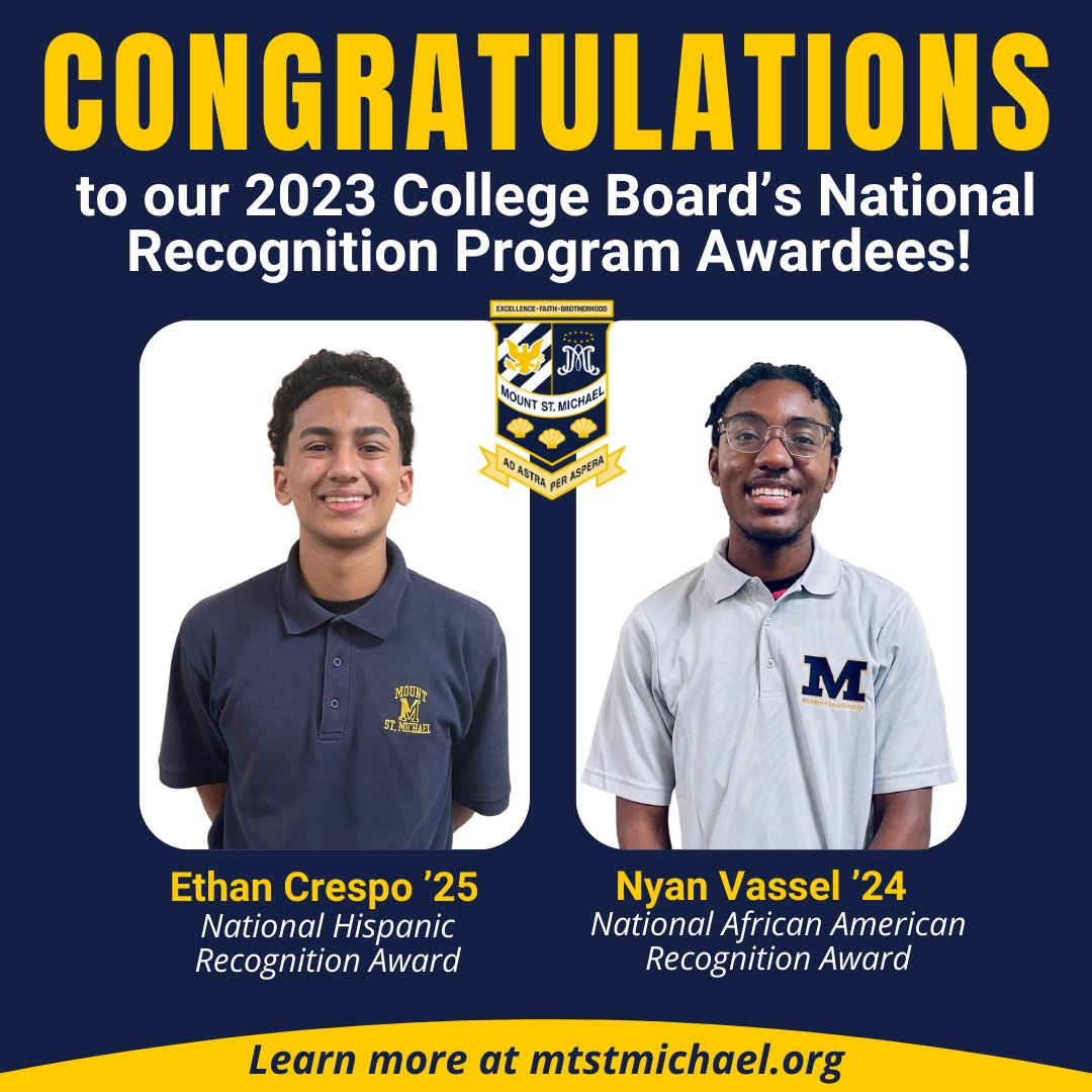 MountToday's tweet image. Congratulations to our 2023 College Board’s National Recognition Program awardees for excelling on their AP Exams! We are proud of your academic achievements and the work you put in to prepare for college. Learn more at mtstmichael.org #MountPride #BigFuture