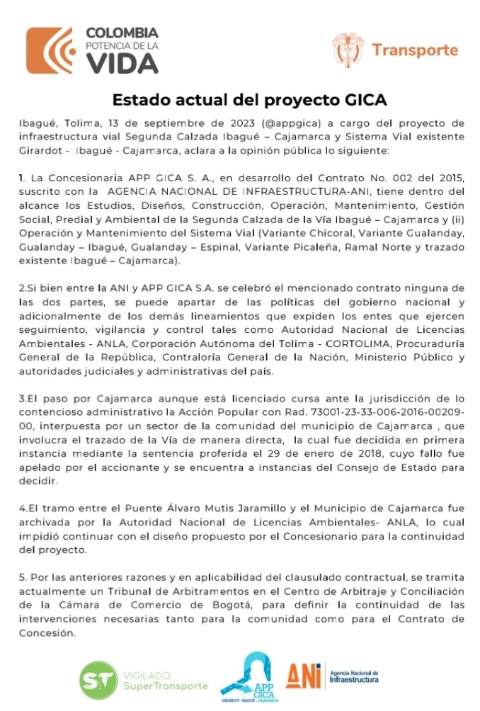 reyesmjaimee's tweet photo. Preocupados estamos los #Tolimenses con noticia del archivo del proyecto del tramo #Ibagué #Cajamarca Suspender las actividades en el proyecto afecta la competitividad regional y del país. Esperamos una pronta solución a este problema @MinTransporteCo @gremiostolima @gobertolima https://t.co/pJ7LcI3ZSi