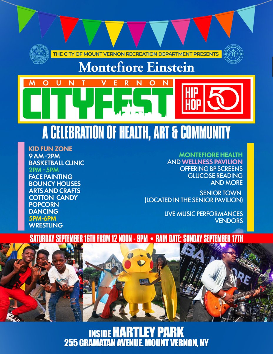 MayorSPH's tweet photo. 📣 Cityfest is back! Join us on Saturday, September 16th, 2023, on Gramatan Avenue
There will be a basketball clinic, face painting, bouncy houses, arts & crafts, and fun for the whole family! #CMVNY #Cityfest https://t.co/FhzGaxC5bp