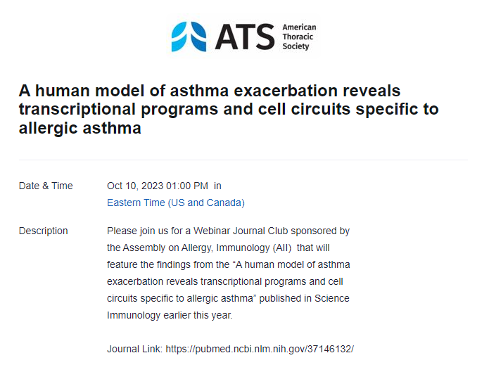 MGH_PCCM's tweet photo. Save the date! Oct 10,  1pm, join the @ATS_AII Webinar where @jehanalladina will present her paper, “A human model of asthma exacerbation reveals transcriptional programs and cell circuits specific to allergic asthma," (@SciImmunology) 
Register here: https://t.co/DBrNcrNqa5 https://t.co/ISecTXVCRx